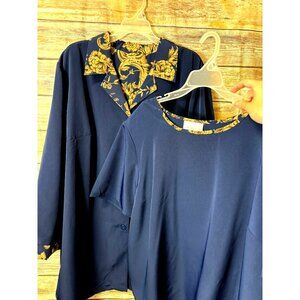 Susan Graver Two Piece Outfit Set 2X Short Sleeve Blouse Reversible Jacket Blue